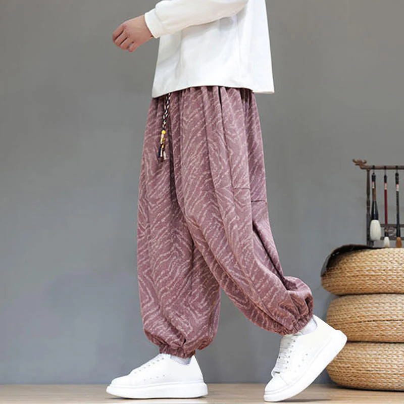 Pantaloni harem da uomo in velluto a coste di cotone e lino con tasche e coulisse, motivo Buddha Stones Fall Texture - Image 24