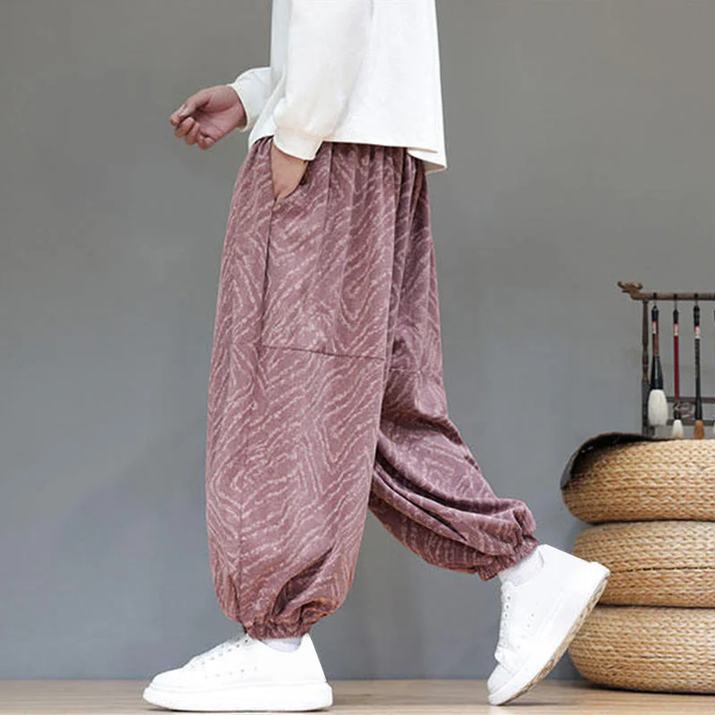 Pantaloni harem da uomo in velluto a coste di cotone e lino con tasche e coulisse, motivo Buddha Stones Fall Texture - Image 25