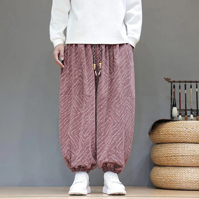 Pantaloni harem da uomo in velluto a coste di cotone e lino con tasche e coulisse, motivo Buddha Stones Fall Texture - Image 27