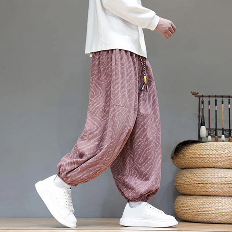 Pantaloni harem da uomo in velluto a coste di cotone e lino con tasche e coulisse, motivo Buddha Stones Fall Texture - Image 30