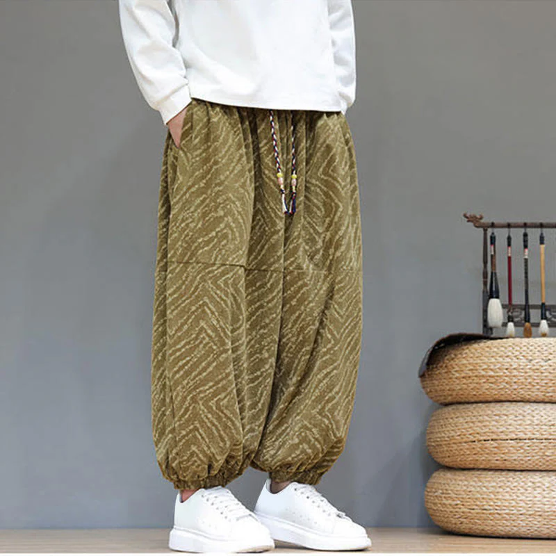 Pantaloni harem da uomo in velluto a coste di cotone e lino con tasche e coulisse, motivo Buddha Stones Fall Texture - Image 33