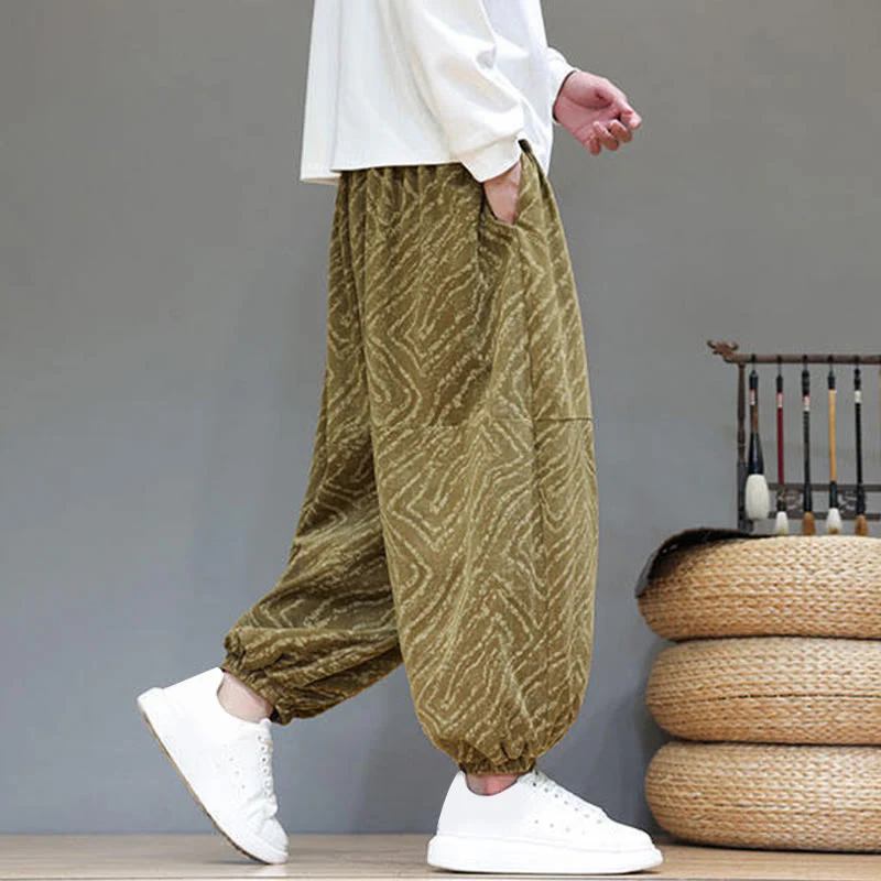 Pantaloni harem da uomo in velluto a coste di cotone e lino con tasche e coulisse, motivo Buddha Stones Fall Texture - Image 34