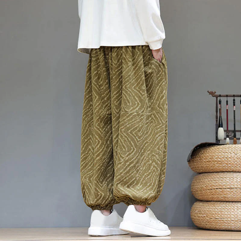 Pantaloni harem da uomo in velluto a coste di cotone e lino con tasche e coulisse, motivo Buddha Stones Fall Texture - Image 35