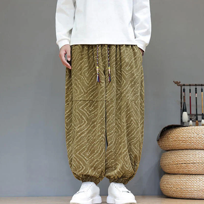 Pantaloni harem da uomo in velluto a coste di cotone e lino con tasche e coulisse, motivo Buddha Stones Fall Texture - Image 36