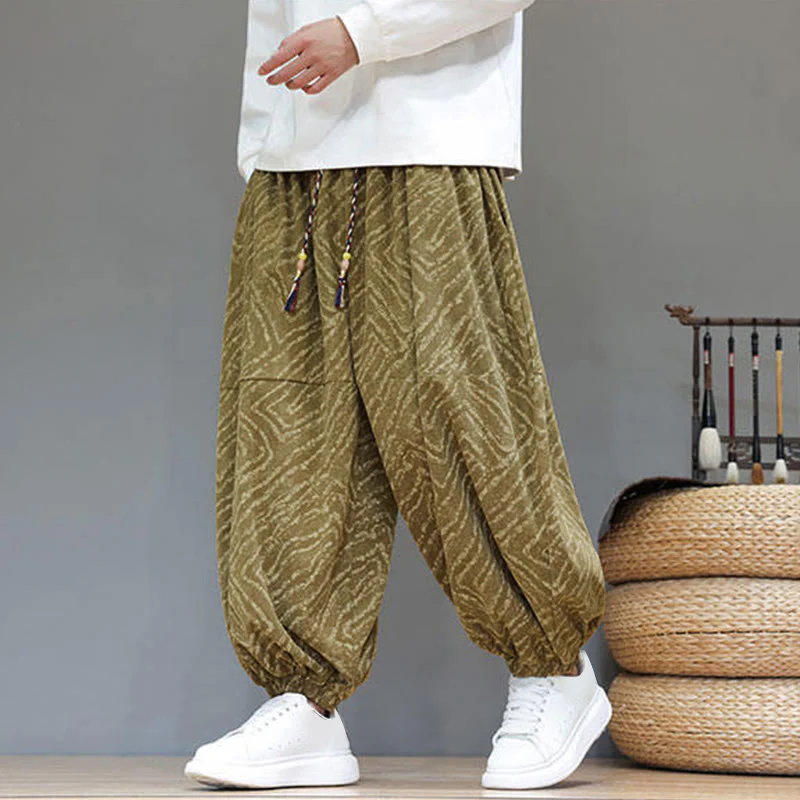 Pantaloni harem da uomo in velluto a coste di cotone e lino con tasche e coulisse, motivo Buddha Stones Fall Texture - Image 37