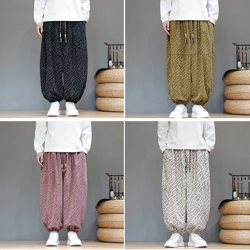 Pantaloni harem da uomo in velluto a coste di cotone e lino con tasche e coulisse, motivo Buddha Stones Fall Texture - Image 41