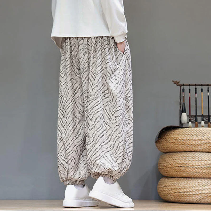 Pantaloni harem da uomo in velluto a coste di cotone e lino con tasche e coulisse, motivo Buddha Stones Fall Texture - Image 5