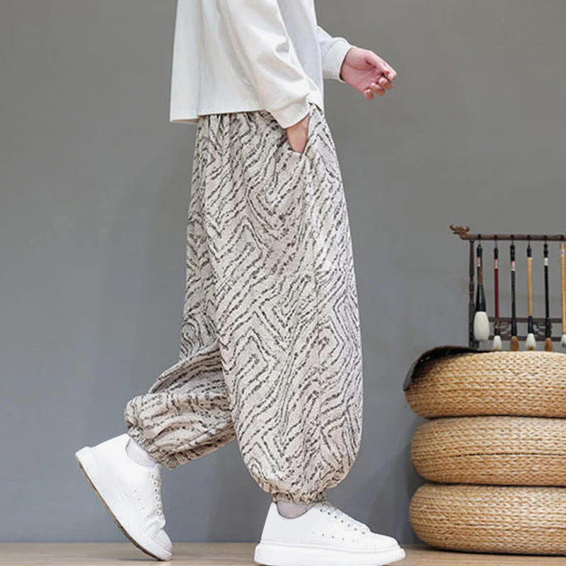 Pantaloni harem da uomo in velluto a coste di cotone e lino con tasche e coulisse, motivo Buddha Stones Fall Texture - Image 7