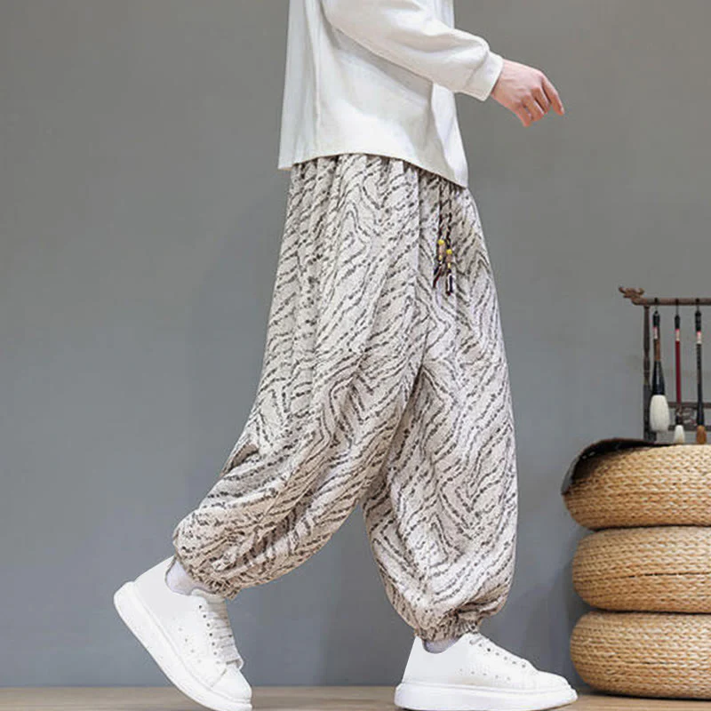 Pantaloni harem da uomo in velluto a coste di cotone e lino con tasche e coulisse, motivo Buddha Stones Fall Texture - Image 8