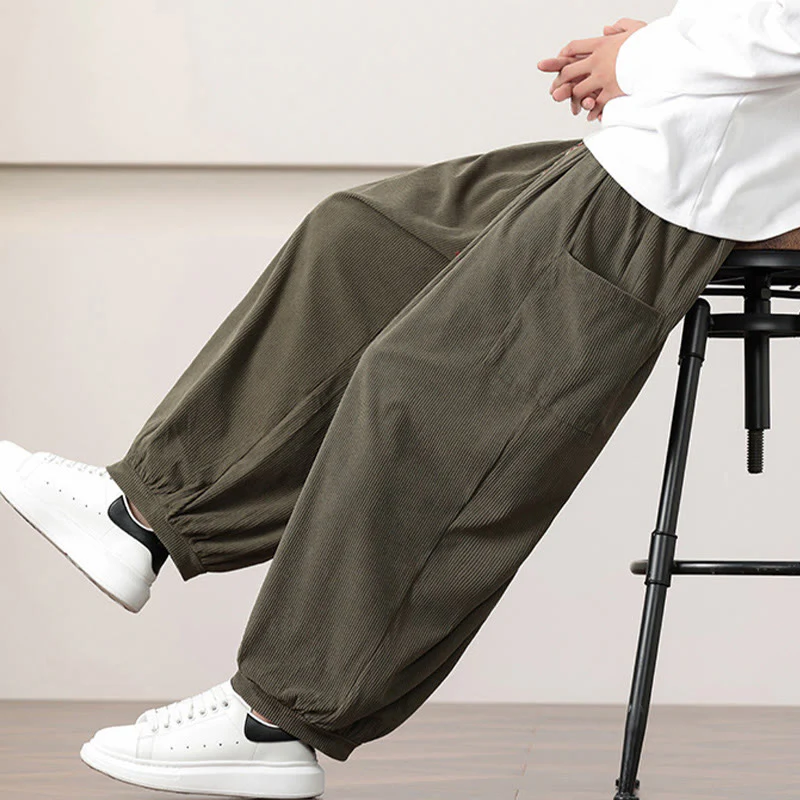 Pantaloni harem da uomo in velluto a coste tinta unita con coulisse e tasche Buddha Stones - Image 10