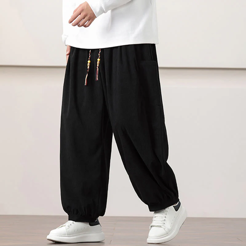 Pantaloni harem da uomo in velluto a coste tinta unita con coulisse e tasche Buddha Stones - Image 11