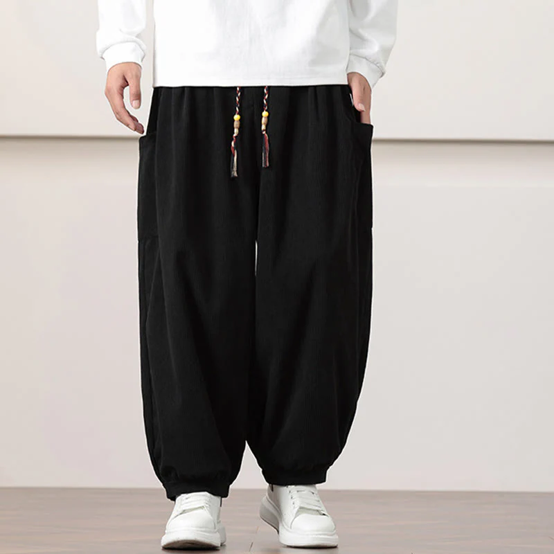 Pantaloni harem da uomo in velluto a coste tinta unita con coulisse e tasche Buddha Stones - Image 12