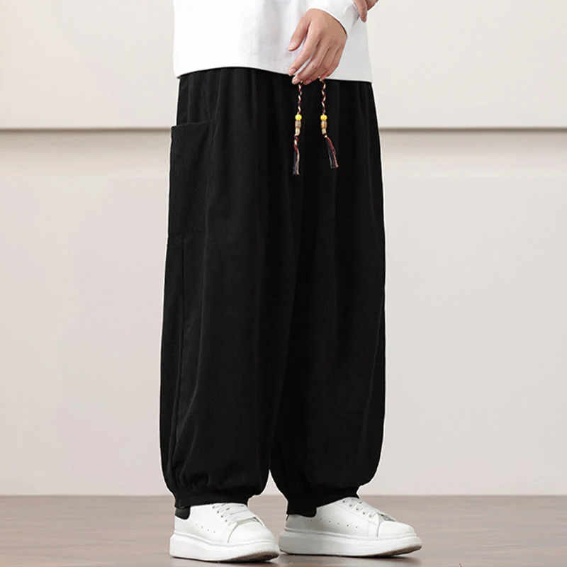Pantaloni harem da uomo in velluto a coste tinta unita con coulisse e tasche Buddha Stones - Image 13