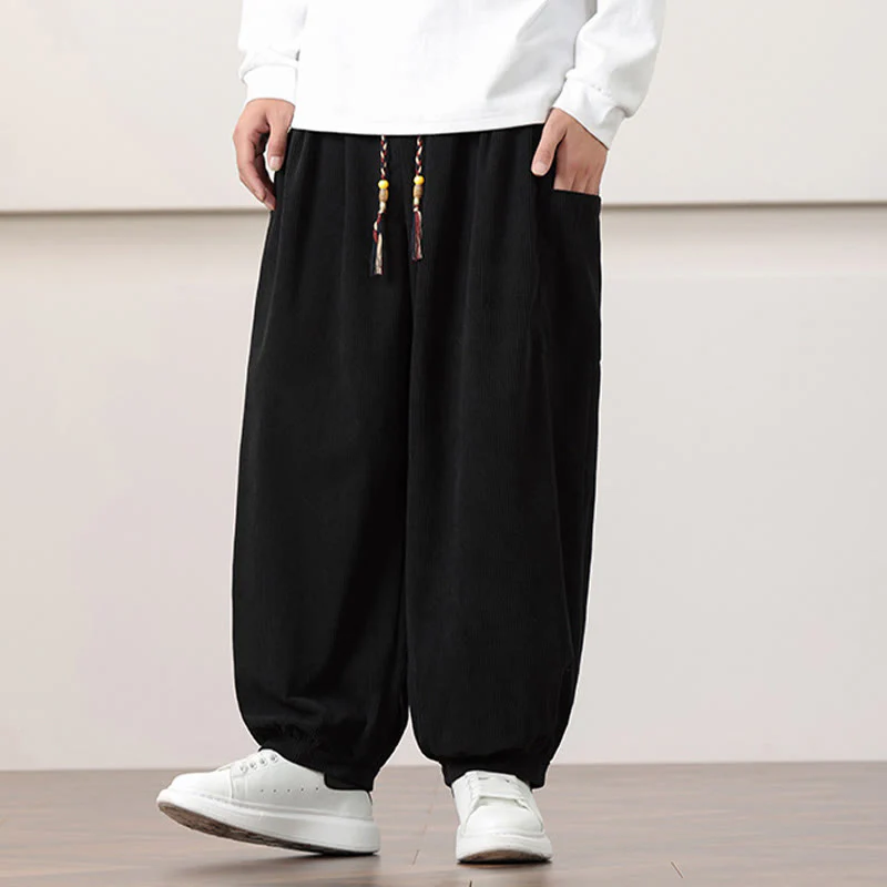 Pantaloni harem da uomo in velluto a coste tinta unita con coulisse e tasche Buddha Stones - Image 14