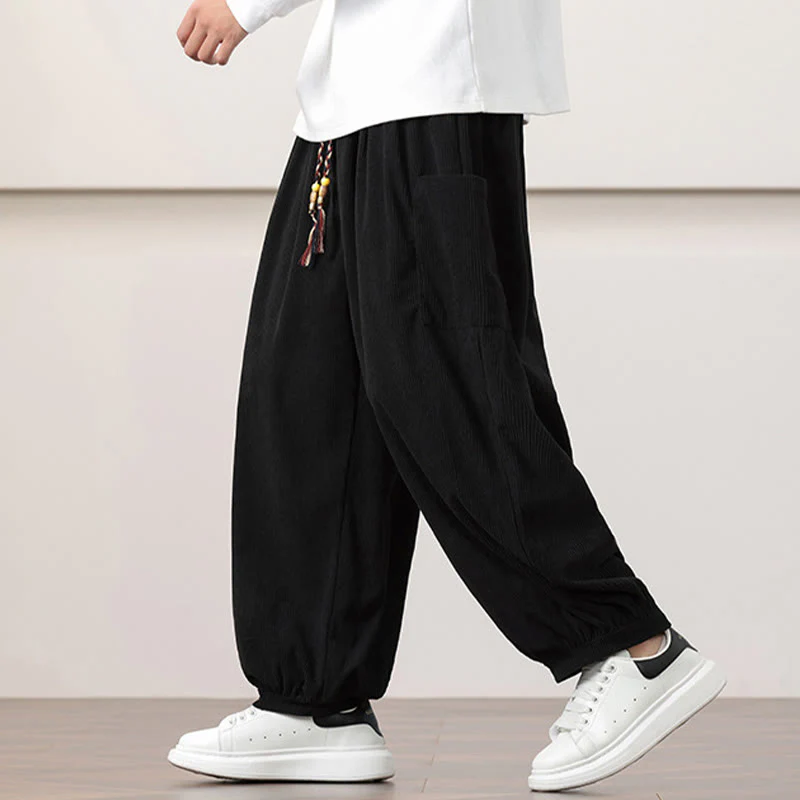 Pantaloni harem da uomo in velluto a coste tinta unita con coulisse e tasche Buddha Stones - Image 15