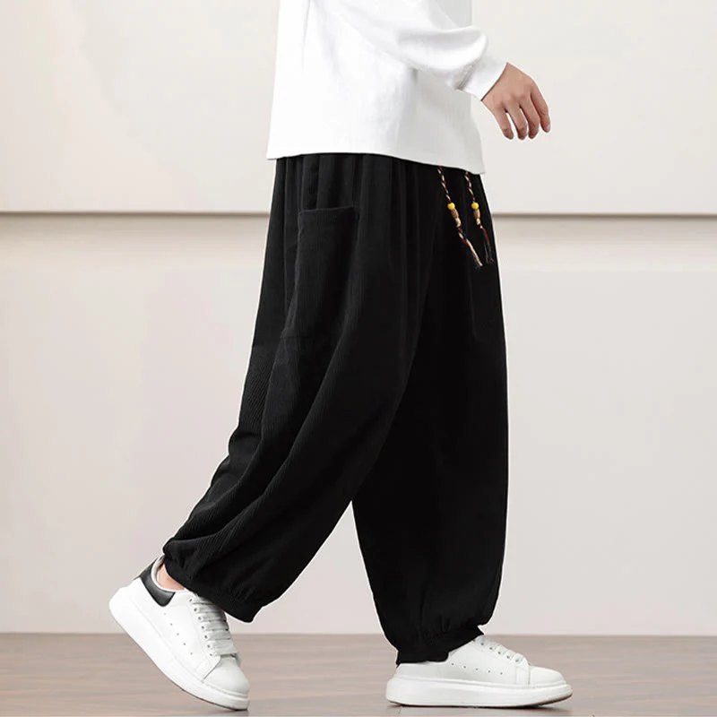 Pantaloni harem da uomo in velluto a coste tinta unita con coulisse e tasche Buddha Stones - Image 17