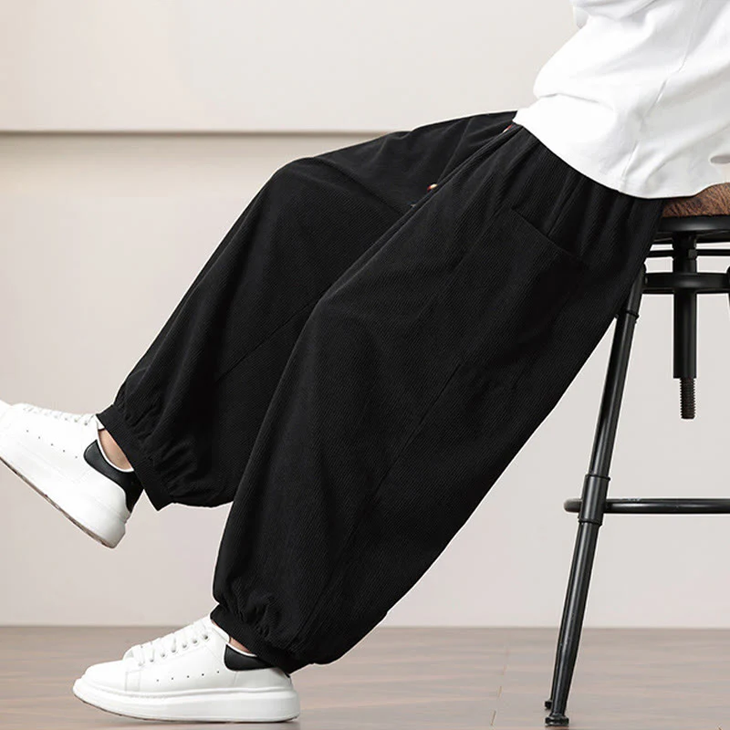 Pantaloni harem da uomo in velluto a coste tinta unita con coulisse e tasche Buddha Stones - Image 18