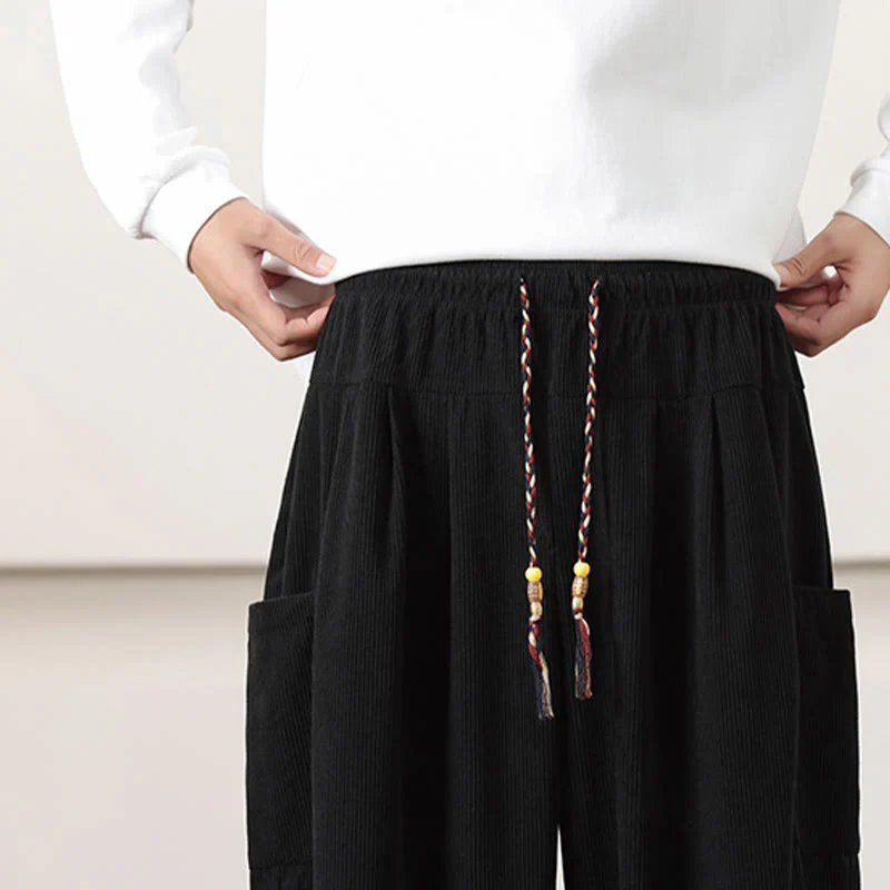 Pantaloni harem da uomo in velluto a coste tinta unita con coulisse e tasche Buddha Stones - Image 19