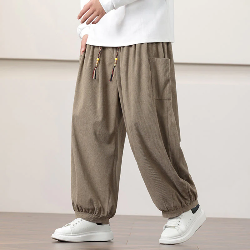Pantaloni harem da uomo in velluto a coste tinta unita con coulisse e tasche Buddha Stones - Image 23
