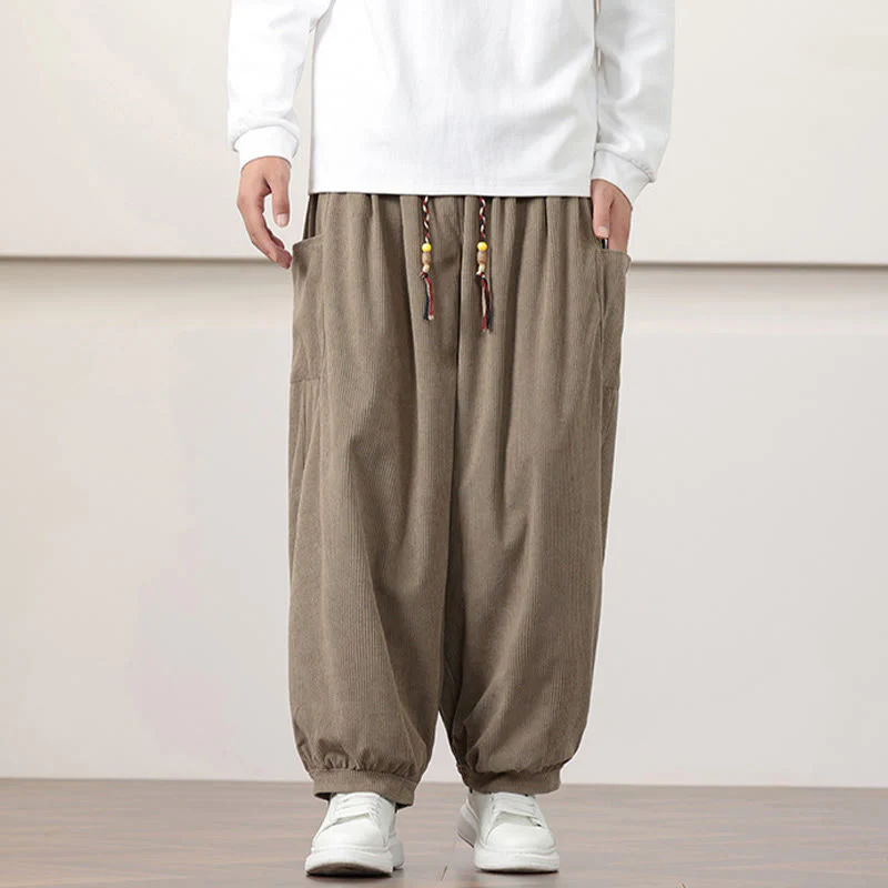 Pantaloni harem da uomo in velluto a coste tinta unita con coulisse e tasche Buddha Stones - Image 24