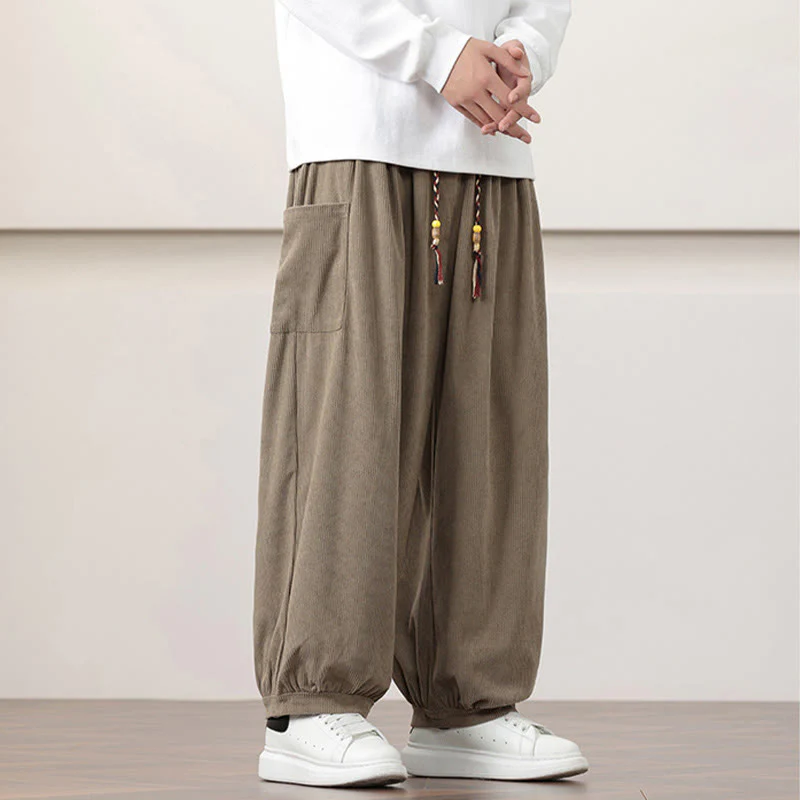 Pantaloni harem da uomo in velluto a coste tinta unita con coulisse e tasche Buddha Stones - Image 25