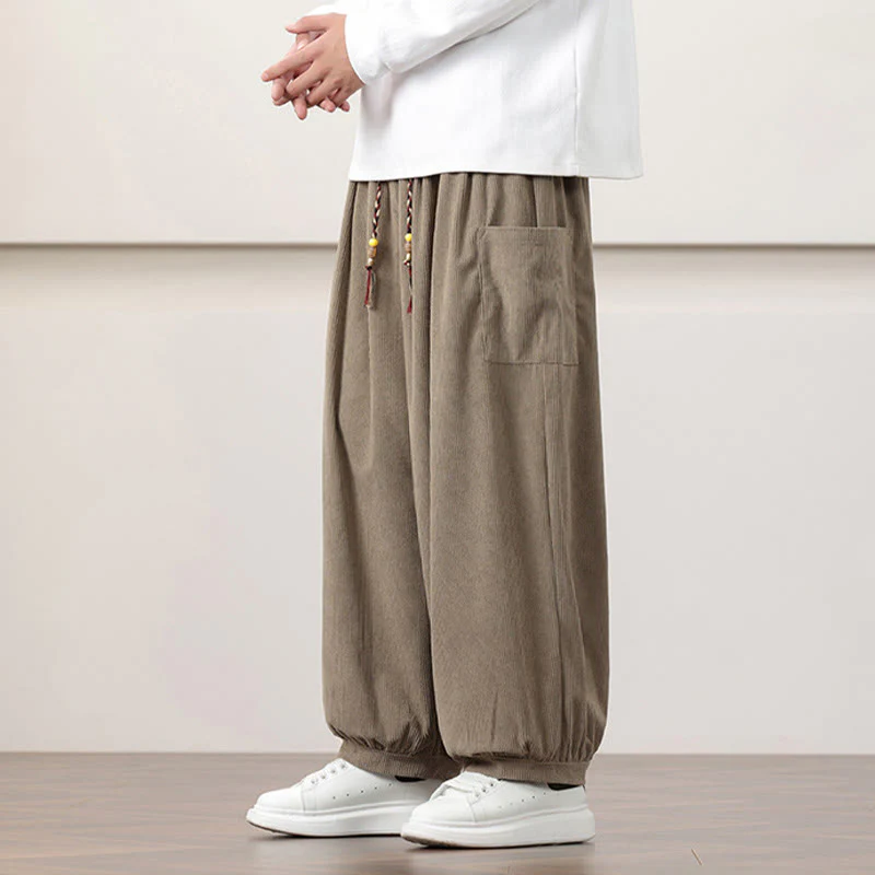 Pantaloni harem da uomo in velluto a coste tinta unita con coulisse e tasche Buddha Stones - Image 26
