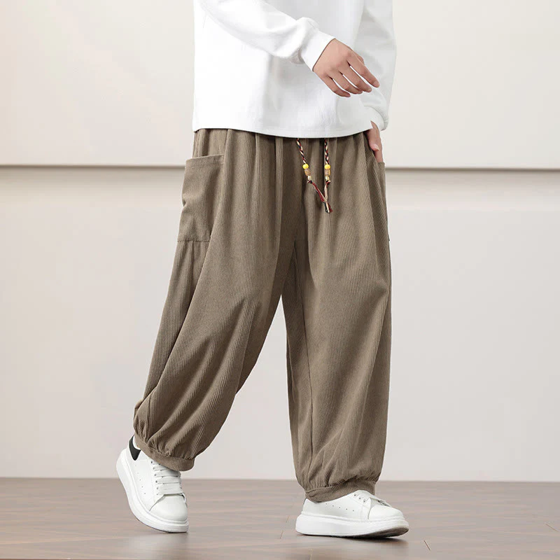 Pantaloni harem da uomo in velluto a coste tinta unita con coulisse e tasche Buddha Stones - Image 27