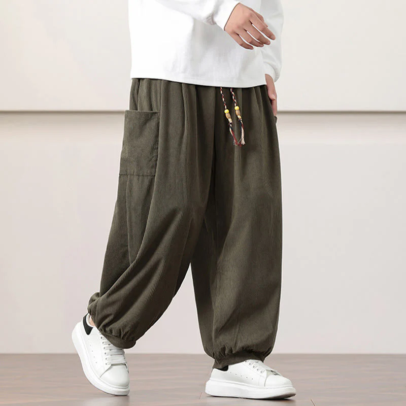 Pantaloni harem da uomo in velluto a coste tinta unita con coulisse e tasche Buddha Stones - Image 3