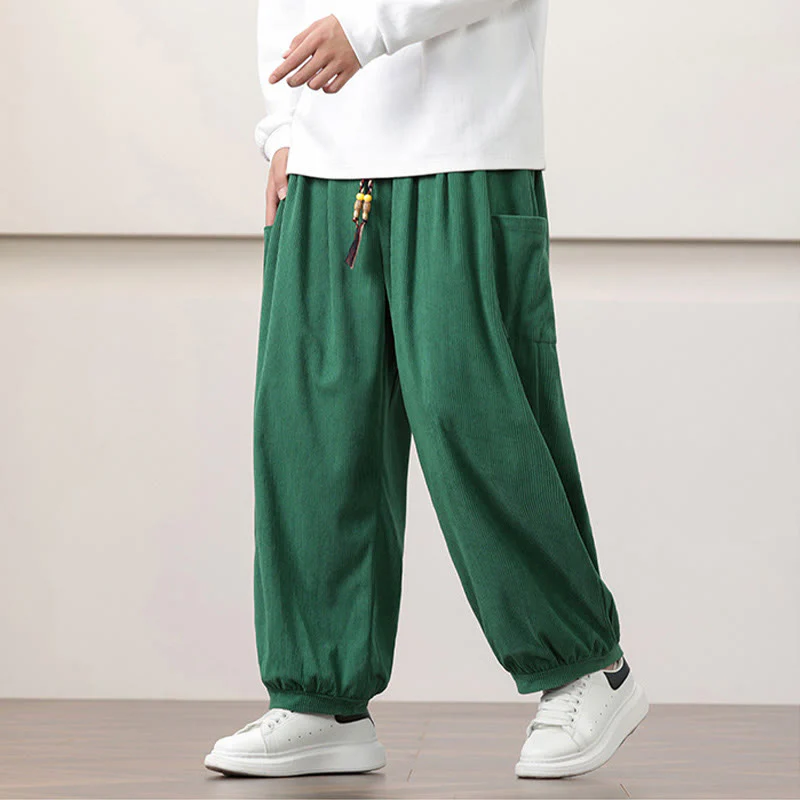 Pantaloni harem da uomo in velluto a coste tinta unita con coulisse e tasche Buddha Stones - Image 30