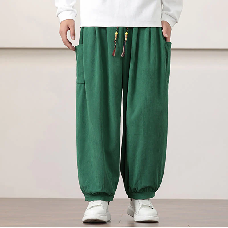 Pantaloni harem da uomo in velluto a coste tinta unita con coulisse e tasche Buddha Stones - Image 31