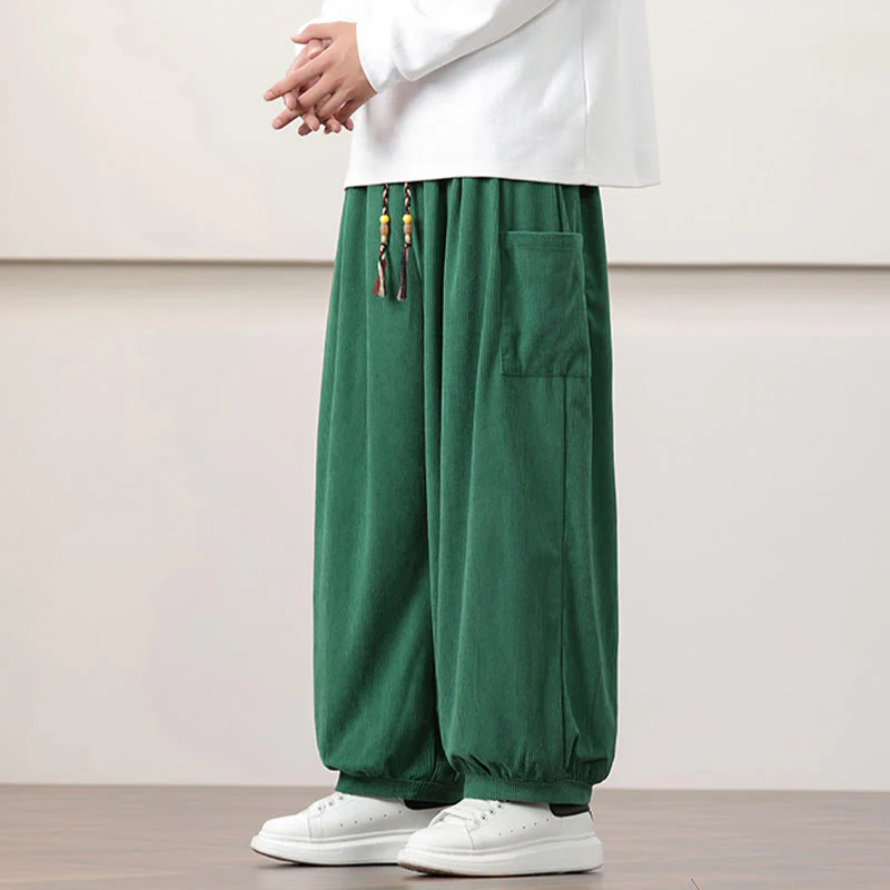 Pantaloni harem da uomo in velluto a coste tinta unita con coulisse e tasche Buddha Stones - Image 32