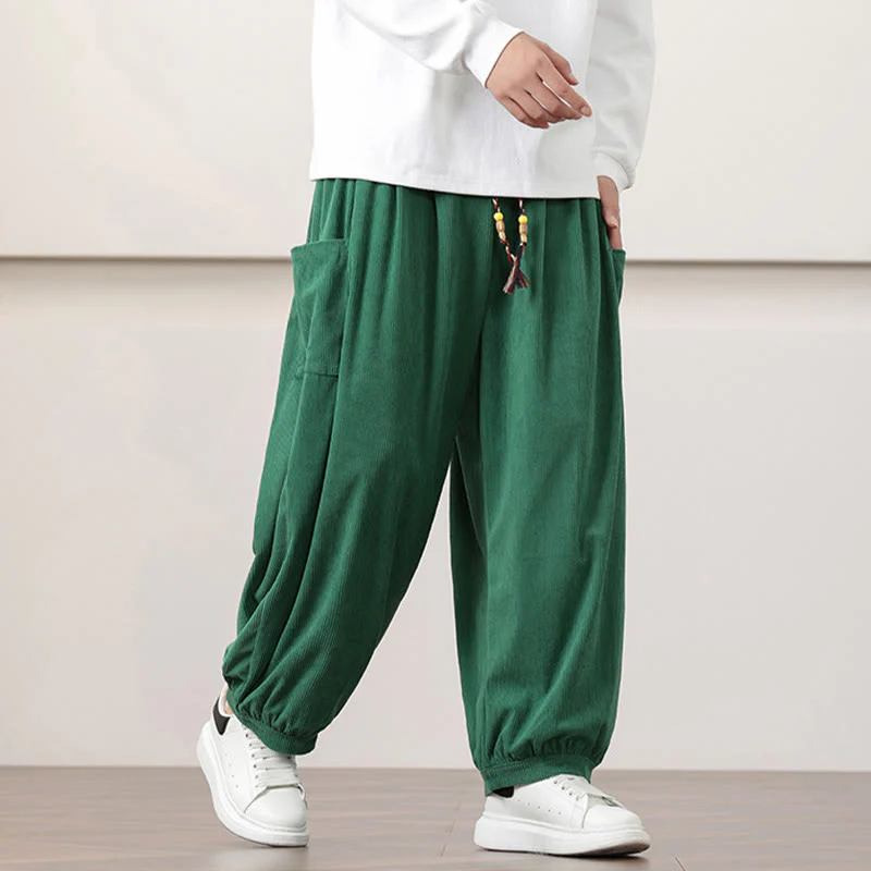 Pantaloni harem da uomo in velluto a coste tinta unita con coulisse e tasche Buddha Stones - Image 33