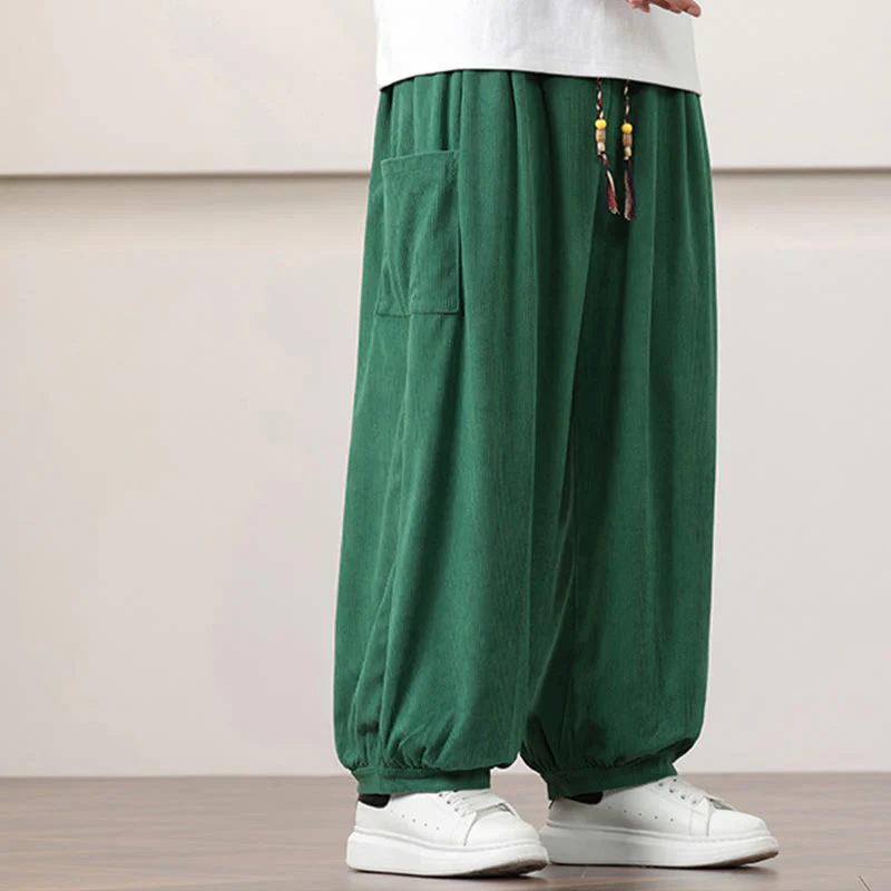 Pantaloni harem da uomo in velluto a coste tinta unita con coulisse e tasche Buddha Stones - Image 34