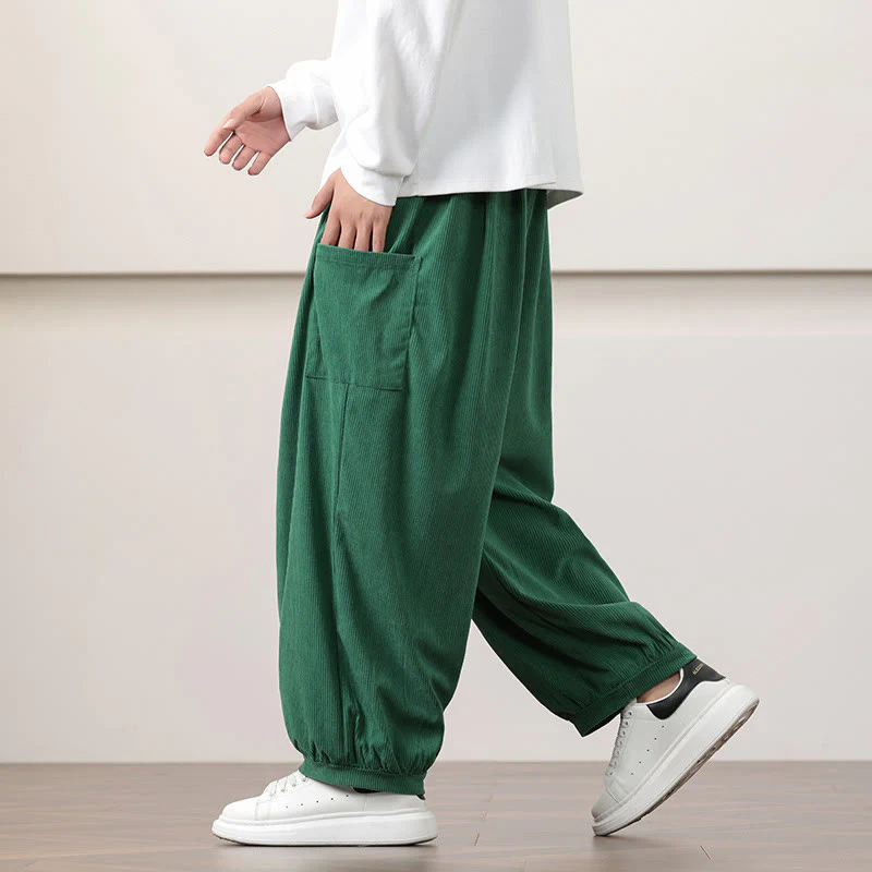 Pantaloni harem da uomo in velluto a coste tinta unita con coulisse e tasche Buddha Stones - Image 36