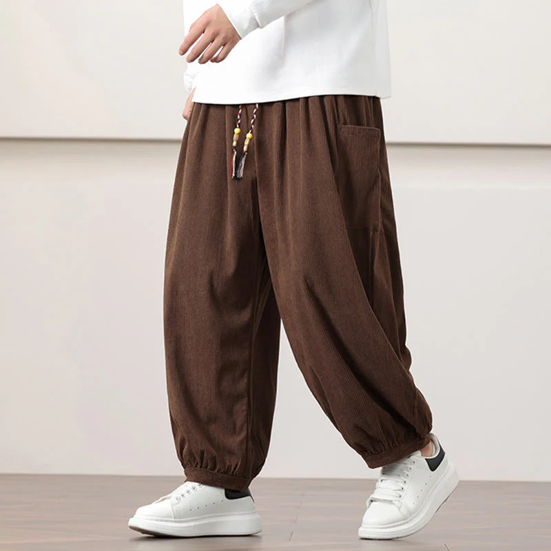 Pantaloni harem da uomo in velluto a coste tinta unita con coulisse e tasche Buddha Stones - Image 38
