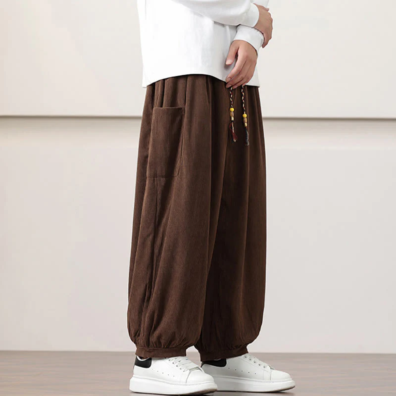 Pantaloni harem da uomo in velluto a coste tinta unita con coulisse e tasche Buddha Stones - Image 39
