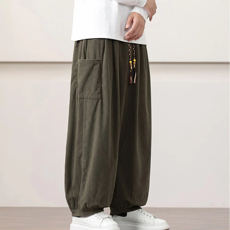 Pantaloni harem da uomo in velluto a coste tinta unita con coulisse e tasche Buddha Stones - Image 4