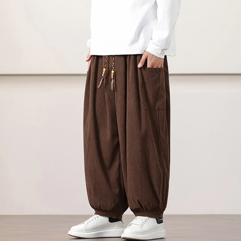 Pantaloni harem da uomo in velluto a coste tinta unita con coulisse e tasche Buddha Stones - Image 40