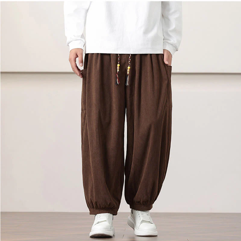 Pantaloni harem da uomo in velluto a coste tinta unita con coulisse e tasche Buddha Stones - Image 41