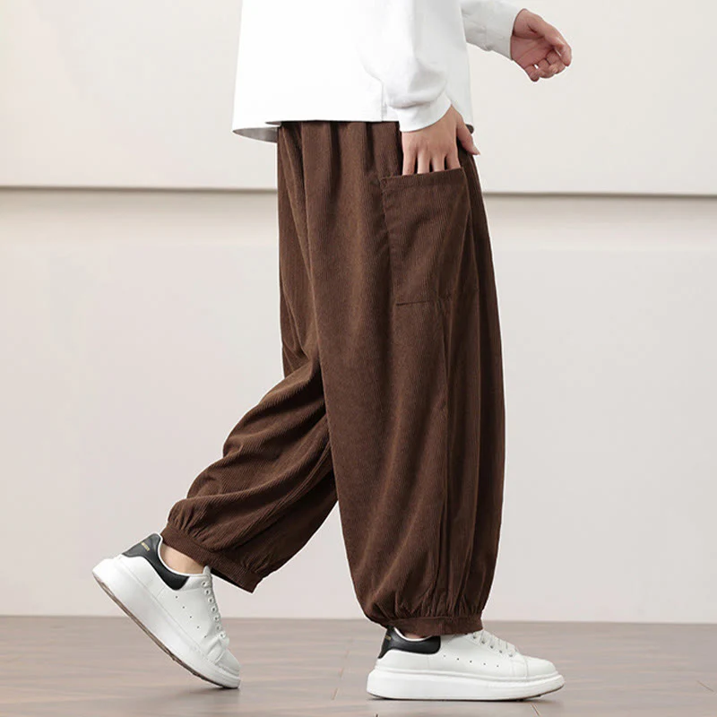 Pantaloni harem da uomo in velluto a coste tinta unita con coulisse e tasche Buddha Stones - Image 42