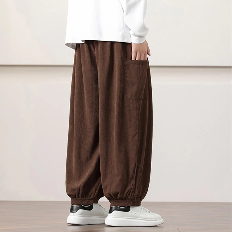 Pantaloni harem da uomo in velluto a coste tinta unita con coulisse e tasche Buddha Stones - Image 43