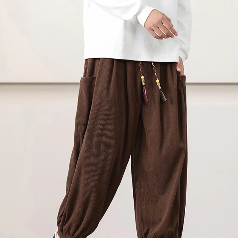 Pantaloni harem da uomo in velluto a coste tinta unita con coulisse e tasche Buddha Stones - Image 44