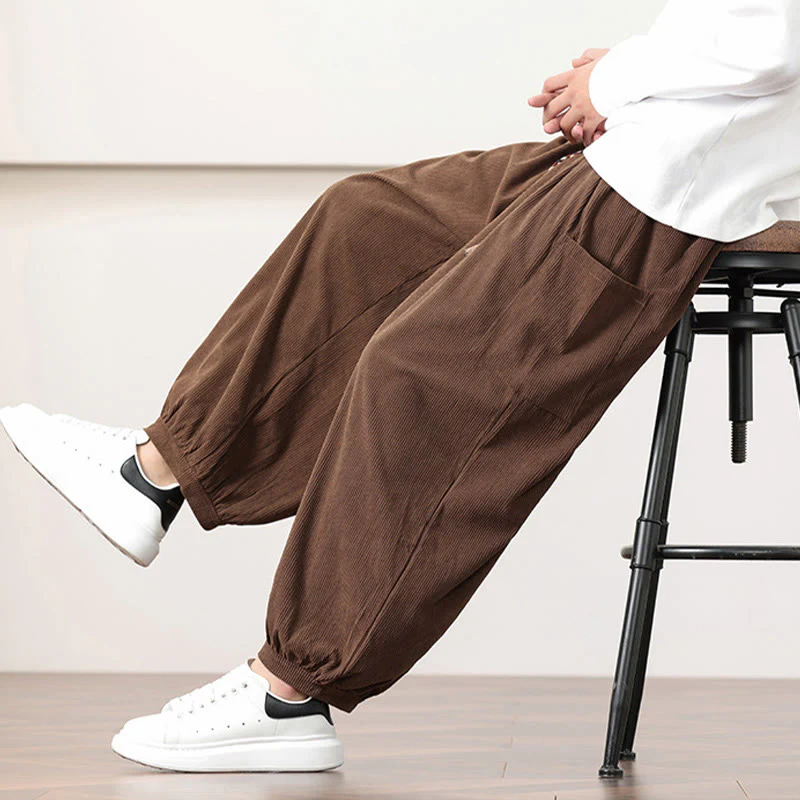 Pantaloni harem da uomo in velluto a coste tinta unita con coulisse e tasche Buddha Stones - Image 45