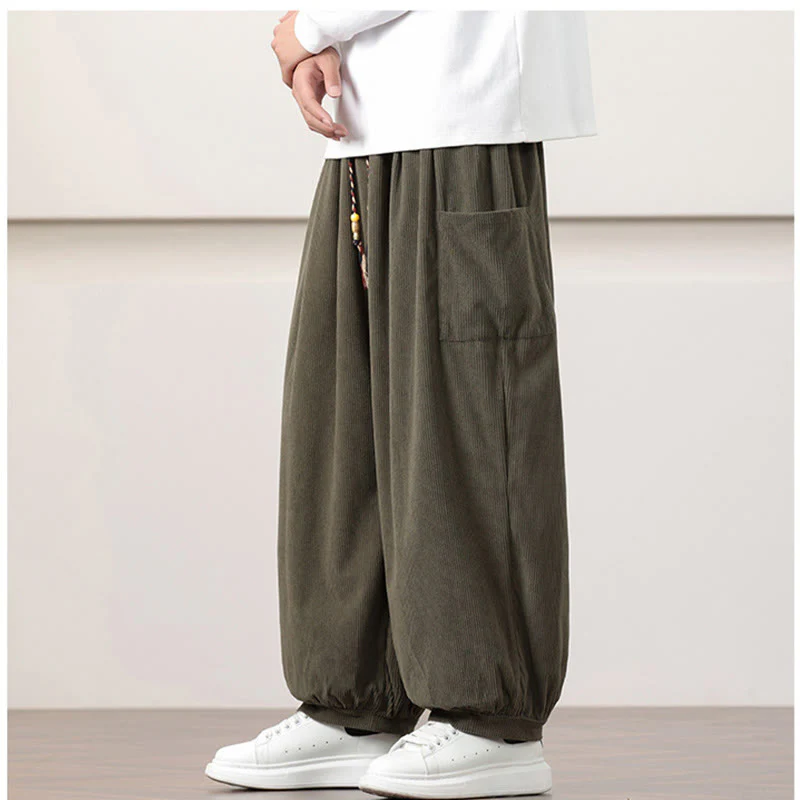 Pantaloni harem da uomo in velluto a coste tinta unita con coulisse e tasche Buddha Stones - Image 5