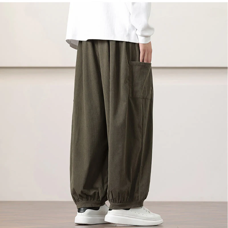 Pantaloni harem da uomo in velluto a coste tinta unita con coulisse e tasche Buddha Stones - Image 8