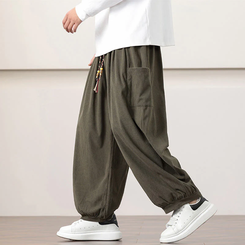 Pantaloni harem da uomo in velluto a coste tinta unita con coulisse e tasche Buddha Stones - Image 9