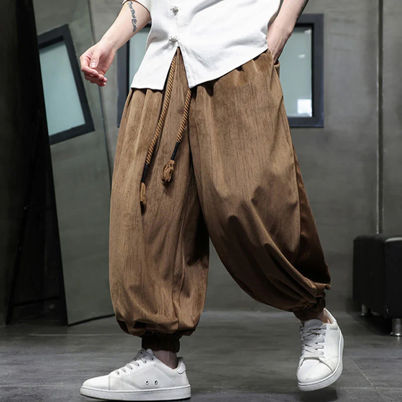 Pantaloni harem da uomo termici con coulisse in velluto a coste tinta unita Buddha Stones con tasche - Image 11