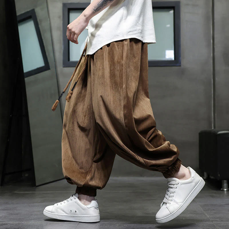Pantaloni harem da uomo termici con coulisse in velluto a coste tinta unita Buddha Stones con tasche - Image 12