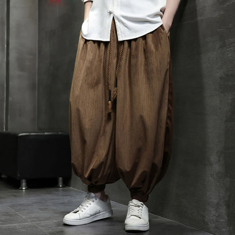 Pantaloni harem da uomo termici con coulisse in velluto a coste tinta unita Buddha Stones con tasche - Image 3