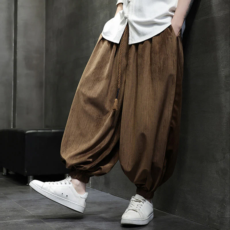Pantaloni harem da uomo termici con coulisse in velluto a coste tinta unita Buddha Stones con tasche - Image 4